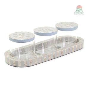 <b>Mother</b> of Pearl Inlay Jewelry Stand Oval Tray with 3 Glass <b>Candle</b> Holders Floral Pattern - Product Image 2