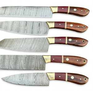 Juego de 5 utensilios de cocina de acero de Damasco hechos a mano con mango de palisandro natural y bolster de latón - Product Image 6
