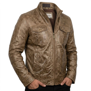 Chaqueta de Cuero Genuino Personalizada Kadia para Hombre, Chaqueta de Motociclista de Cuero Vacuno Beige Desgastado, Corte Ajustado, Cuello Alto, con Bolsillos - Product Image 4