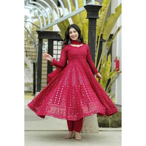 PANTALÓN BATA DE TRABAJO BORDADO GEORGETTE ATRACTIVO CON DUPATTA ROSA - Product Image 1