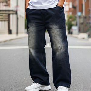 Straight Vintage Cotton <b>Men's</b> <b>Jeans</b> Heavy Duty Custom Vintage Washed Old Pocket <b>Drawstring</b> Straight Leg <b>Jeans</b> with Loose - Product Image 1