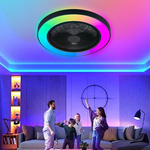 Ventilateur de plafond LED RGB moderne de 19 pouces, à intensité variable, à changement de couleur, télécommande par application, silencieux, moteur CC réversible à 6 vitesses pour salon - Product Image 1