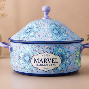 Casserole en acier émaillé bleu floral de qualité supérieure Marvel Handicrafts avec couvercle, pot isotherme pour servir des aliments chauds, ustensile de cuisine durable - Product Image 1