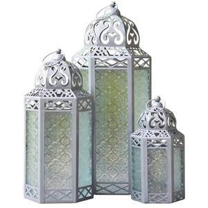 Wholesale <b>Set</b> Of 3 White Metal Moroccan Candle <b>Lanterns</b> Decorative Hanging & Freestanding Lamp Holders For Indoor Outdoor Home - Product Image 1