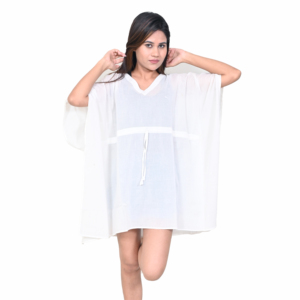 Vestido bohemio midi holgado de algodón blanco con cuello en V, hecho a mano, con capa transparente y manga corta, informal, para verano. - Product Image 4