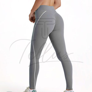 Leggings de yoga vert taille haute avec bande latérale, pantalon long sans couture en Spandex et Nylon, extensible dans les quatre sens, design à surpiqûres contrastées - Product Image 4