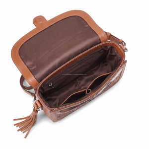 Cowgirl Brown Leather Crossbody Saddle <b>Bag</b> With Cowhide Flap Floral Tooling Silver Studs And Tassel Western Shoulder Purse Style - Product Image 5