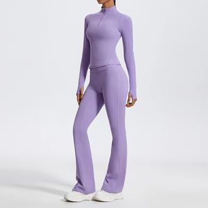 Conjunto de yoga de 2 piezas sin costuras para mujer, leggings de cintura alta y largo completo, cuello alto, cremallera frontal, manga larga, para gimnasio, fitness y entrenamiento - Product Image 6