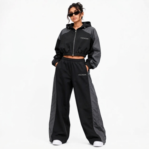 Vocksin <b>Women's</b> Black Charcoal Cropped Hooded Windbreaker Tracksuit Waterproof Zipper <b>Jacket</b> Fleece Lining High Street Style - Product Image 1