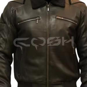 Chaqueta Bomber de Cuero Negra con Cuello de Lana y Cremallera Frontal Resistente |   Ropa de Invierno Premium para Hombre - Product Image 3
