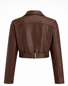 <b>Women's</b> Brown Leather Fashion Jacket <b>Belted</b> Biker <b>Coat</b> Zipper Closure Long Sleeve Regular Fit Streetwear - Product Image 4