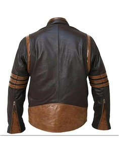 <b>Mens</b> <b>Brown</b> Striped <b>Leather</b> Biker <b>Jacket</b> Wolverine Inspired Logan Style Streetwear - Product Image 2