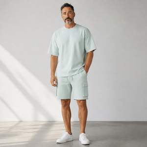 Conjunto Deportivo Informal Unisex Talla Grande Verde Menta, Camiseta de Manga Corta, Pantalones Cortos Cargo, Transpirable, Ligero, Cuello Redondo, Corte Regular - Product Image 5