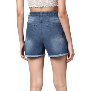 Shorts de Mezclilla de Corte Ajustado y Lavado Oscuro, Cintura Alta, Dobladillo Deshilachado, Clásicos para Mujer, Uso Diario de Verano - Product Image 2