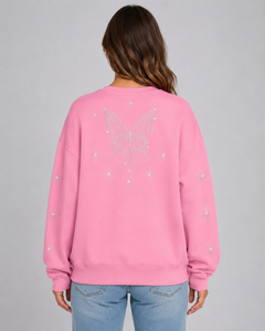 Sudadera Rosa Oversize para Mujer, Forrada para Invierno, Antiencogimiento, con Pedrería y Lentejuelas de Mariposa, Cuello Redondo, Hombros Caídos, Manga Regular - Product Image 4