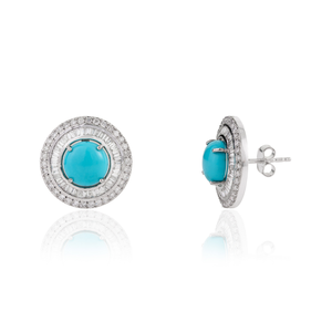 Nouvelle collection tendance de boucles d'oreilles à clous en or blanc 14 carats, avec turquoise taille cabochon et diamants ronds en double grappe, fabriquées à la main - Product Image 3