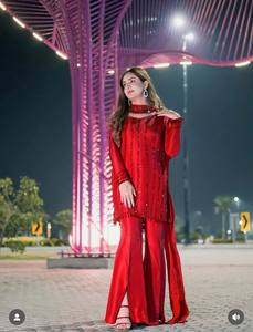 <b>Red</b> Women Indian Pakistani Suit Set Embroidered Crepe Kurta Palazzo Elegant Festive Outfit - Product Image 3