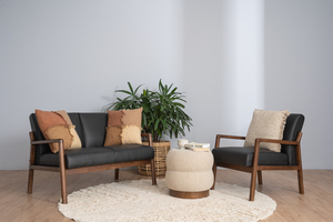 Modern Round <b>Pouf</b> Ottoman with Upholstered Fabric in Brown Beige Color for Home Living Room Apartment Hotel Use - Product Image 6