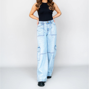 Nuevos pantalones cargo de mezclilla para mujer, estilo casual, con bolsillos grandes, pierna recta, técnica lavada, ideales para el verano y el trabajo. - Product Image 4