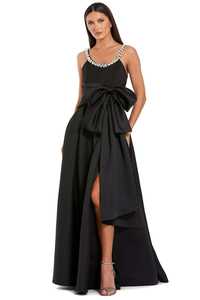 Robe de soirée élégante sans manches en satin, coupe fourreau trapèze longue, avec encolure perlée et détail nœud à fente avant, antistatique - Product Image 2