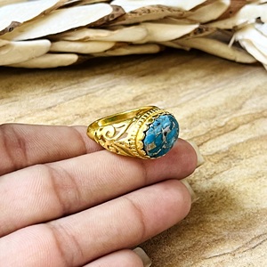 Hot Selling Boho Turquoise <b>Ring</b> Ethnic Brass <b>Rings</b> Women 18k Gold Plated Vintage Filigree Jewelry <b>Statement</b> Band Wholesale/OEM - Product Image 4