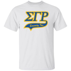 Camiseta Blanca con Serigrafía Sigma Gamma Rho en Azul Real y Dorado, Cuello Redondo, Manga Corta, Diseño con Letras Griegas, Estilo Casual para Hermandades - Product Image 1