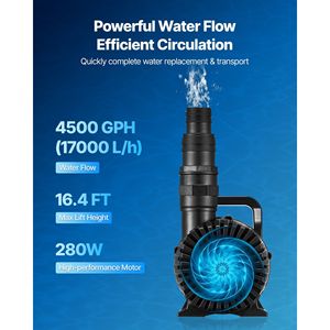 Pompa Sommergibile 280W 4500GPH, Altezza di Sollevamento 16.4 ft, Regolazione Direzione Flusso 180° per Acquari e Accessori - Product Image 2
