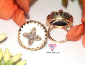 18K Gold Plated <b>Lapis</b> <b>Lazuli</b> & White Agate Adjustable Statement <b>Ring</b> | CZ Floral Designer Jewelry Cocktail <b>Ring</b> - Product Image 3