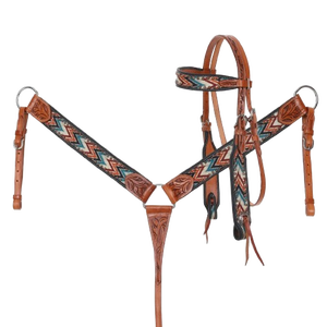Multicolor Shockwave Print Inlay Browband Headstall Breast Collar and Reins Western Horse Tack Set Premium Handmade Genuine - Product Image 2