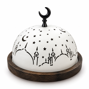 Plateau à chocolat rond avec bouton en forme de croissant, design ajouré arabe blanc, dôme pour mariages et événements, tailles et couleurs personnalisées disponibles - Product Image 1