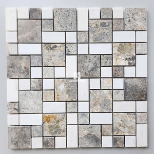 Mosaïque en pierre naturelle, carreaux de marbre multicolores, carrés, modernes, pour murs intérieurs, gris et blanc, 8 mm d'épaisseur, résistants à l'eau, écologiques, garantie 5 ans - Product Image 1