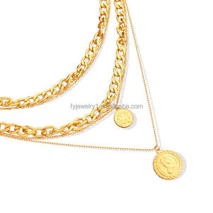 قلادة نسائية متعددة الطبقات وقلادة شهيرة 5 طبقات مكتنزة سلسلة كوبية قلادة منحوتة عملة الهيب هوب مجموعة الفولاذ المقاوم للصدأ - Product Image 6