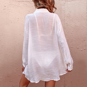 Women's Casual Long Sleeve Button Cover-Up <b>Shirt</b> with Solid Pattern Loose Fit Beachwear - Product Image 5