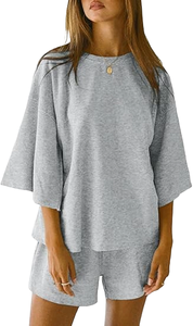 Women's Summer 2-Piece T-Shirt & Above Knee Shorts <b>Set</b> Loose & Comfortable Solid Pattern Tracksuits Sweatsuit for Lounge - Product Image 5