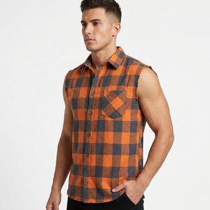 Custom <b>Men's</b> Sleeveless Plaid Flannel <b>Shirt</b> <b>Orange</b> Gray Checkered Casual Turn-down Collar Breathable Woven Fabric Autumn <b>Shirts</b> - Product Image 3
