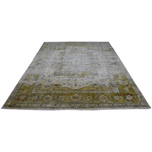 Hand Knotted Traditional Yellow Blue Wool Area <b>Rug</b> Low Pile Vintage Oriental Medallion Carpet - Product Image 3