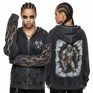 Sudadera con capucha amarilla mostaza al por mayor para mujer, diseño gráfico de calavera biomecánica de ciborgue, estilo vintage desgastado, ropa urbana de fábrica. - Product Image 5