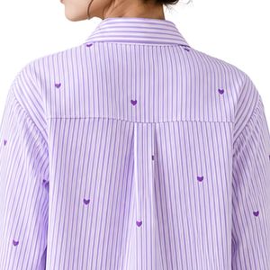 Camisa de Mujer Personalizada con Botones, Rayas Blancas y Moradas Lavanda, Blusa de Algodón de Manga Larga con Bordado de Corazón, Corte Holgado, Estilo Casual - Product Image 6