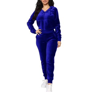Custom Logo <b>Women</b> Solid Blue Hooded Tracksuit Set Zipper Up Long Sleeve Top And Full Length <b>Pants</b> Casual Two Piece Outfit - Product Image 1