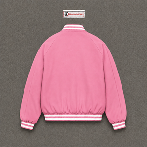 Premium Men's Wool Varsity <b>Jacket</b> Pink and <b>White</b> with Striped Cuffs Luxury Full Zip Design Classic Unisex <b>White</b> Boxy Fit Stylish - Product Image 6