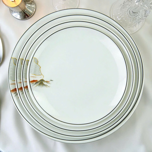 Asian Melamine Gold Inlay Flat <b>Plates</b> Set Pigmented <b>Black</b> Rim White Luxury Dinnerware Microwave Safe Dishwasher Safe Food Grade - Product Image 1