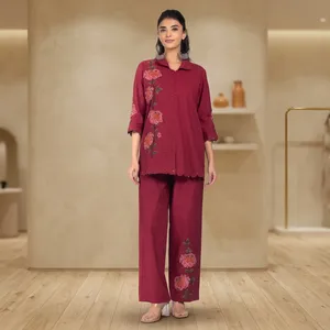 Conjunto de Dos Piezas para Mujer, Color Granate, Bordado, Algodón, Manga Tres Cuartos, Diseño Floral, Corte Holgado, Casual, Primavera-Verano - Product Image 6