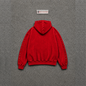 Sweat à capuche oversize vintage rouge streetwear, effet usé, coupe décontractée, délavage vintage, haute qualité, streetwear quotidien, pull confortable et douillet - Product Image 6