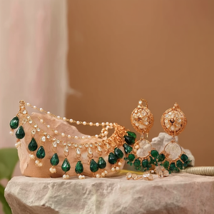 Premium Austrian Stone and <b>Mirror</b> Jhumki <b>with</b> Maangtikka 10575476GR Fashion Jewelry Set - Product Image 3