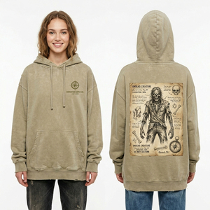 Sudadera con capucha verde salvia personalizada para mujer, con estampado de hueso de columna vertebral en la parte delantera y gráfico de zombie radioactivo en la parte trasera, estilo oversize y desgastado. - Product Image 4