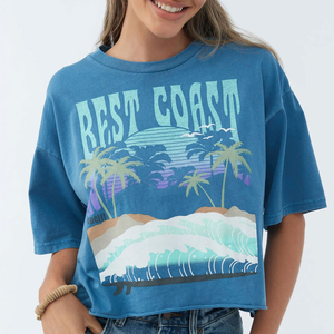 Haut court bleu à col rond pour femme, manches courtes, coupe classique, décontracté, en Spandex/Coton respirant, motif vague de la côte ouest, style estival - Product Image 4