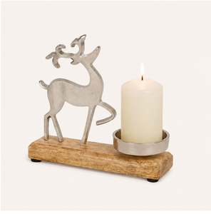 Portavelas de Aluminio Plateado Hecho a Mano con Base de Madera de Mango Natural para Decoración Moderna de Mesa Navideña y Regalos Festivos - Product Image 1