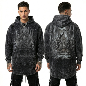 Sweat-shirt à capuche jaune moutarde délavé pour homme, motif graffiti urbain zombie, streetwear vieilli, en coton, vente en gros - Product Image 3