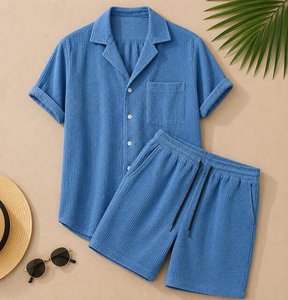 Conjunto Unisex de Camisa y Pantalones Cortos de Algodón Verde, Cuello con Botones, Cintura con Cordón, Corte Holgado, Ropa Casual de Verano - Product Image 6