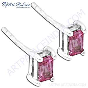 ต่างหูคริสตัลสีเงินเซอร์โคเนียทรงลูกบาศก์สีชมพูน่ารัก - Product Image 1